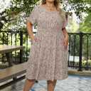 Nemidor Womens Plus Size Summer Midi Dress Casual Tiered Floral Print Beach Swing Boho Dresses with Pocket 16-26 (Beige)