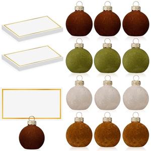 Nitial 12 Pcs Velvet Christmas Ornament Place Card Holders and Name Cards Set for Table Setting 1.57'' Glass Green Cream Tan Brown Table Number Sign Photo Picture Holder for Xmas Holiday Party Decor