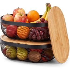 2 Pcs Oval Metal Mesh Storage Baskets with Tray Lids, Black Wire Organizer for Kitchen Countertop, Multi-functional Fruit and Bread Baskets for Home, Cabinet and Decorative Storage