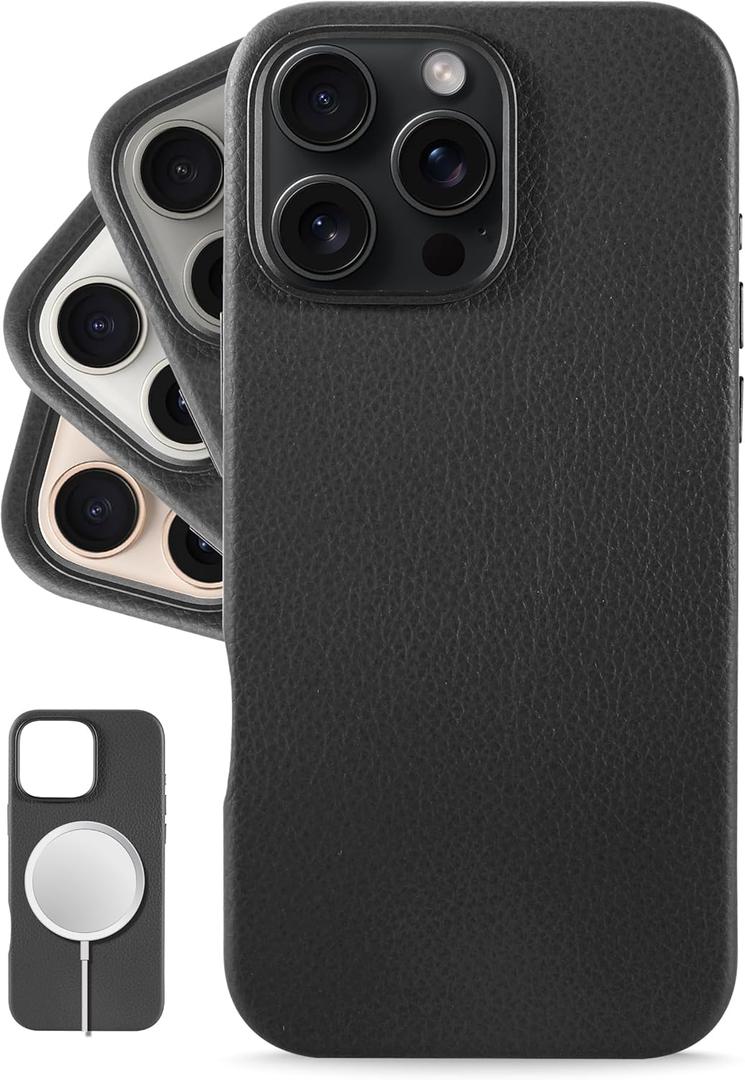 LONLI Urban - for iPhone 16 Pro Leather Case - European Genuine Pebbled Leather Phone Case - European Elegance, Modern Design - [Compatible with Magsafe] - Black