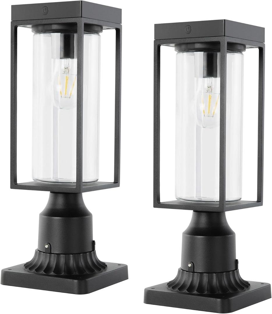 LUTEC 2 Pack Solar Post Lights, Dusk to Dawn Aluminum Lamp with Pier Mount Base, Exterior Black Solar Fence Light Outdoor Waterproof for Garden Yard Patio