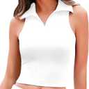 HyMeYou Women Workout Crop Top Built in Bra Ribbed Athletic Tank Tops Casual Sleeveless Collar Shirts Padded Sports Yoga Vest (Medium, White Sports Bra)