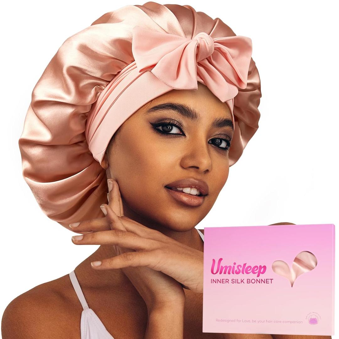 Umisleep Silk Bonnet, Soft Hair Bonnet for Sleeping, Real Mulberry Silk Lining, Bonnets for Women Hair Care, Double Layer Hair Cap with Tie, Large Silk Hair Wrap for Curly Long Hair, Blush Pink