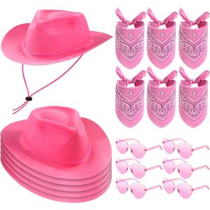 Newcotte 18 Pcs Western Cowboy Hat Set Include 6 Felt Cowgirl Hats 6 Paisley Bandanas 6 Pairs Heart Glasses for Party Costume