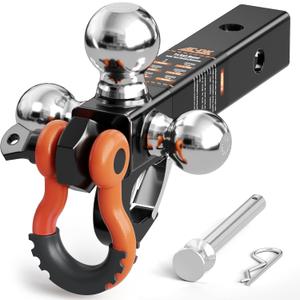 AC-DK Tri Ball Mount Trailer Hitch with Pin,Tow Hook & Clevis Shackle, Fits 2 inch Receiver with 2-5/16", 2", 1-7/8" Hitch Ball, Black