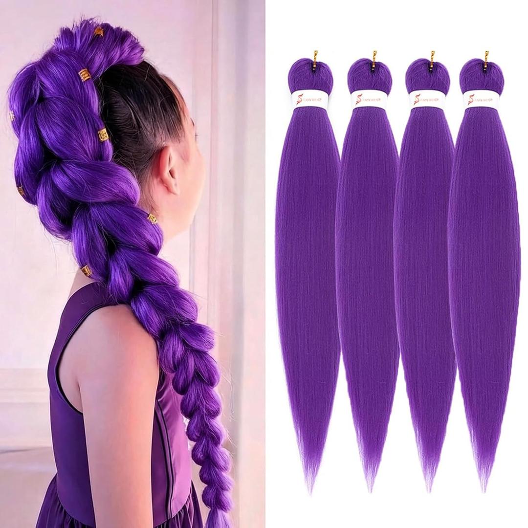 Purple Braiding Hair Pre Stretched 22Inch Synthetic Hair Extensions | Long Straight Crochet Hair,for Stage Party Halloween Costume Cosplay,90g/Pack,Minimal Shedding,Skin-friendly,Soft,4 Packs