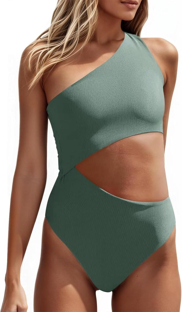 Women's One Piece Ribbed Swimsuit One Shoulder Cutout Swimwear Sexy Bathing Suit (Medium, Green) Women's One Piece Ribbed Swimsuit One Shoulder Cutout Swimwear Sexy Bathing Suit (Medium, Green)