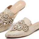 Tilocow Pearl Decor Mules for Women Flats Pointed Toe Backless Flat Slip On Slides Women's Mule Shoes (7, Beige Lace)