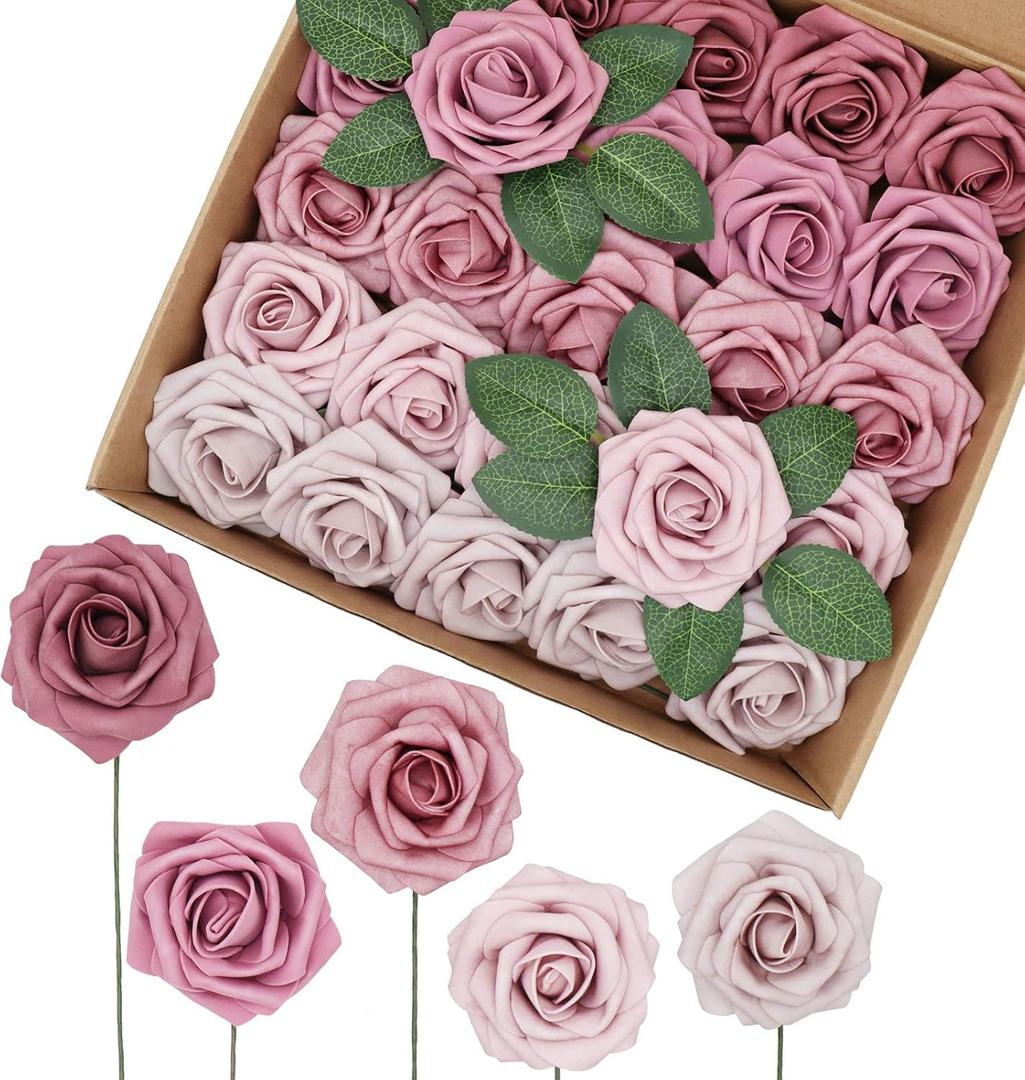 Artificial Roses Flowers 50PCS Shades of Mauve Ombre Colors Real Looking Foam Roses Fake Roses with Stems for DIY Wedding Bouquets Centerpieces Baby Shower Party Home Decorations