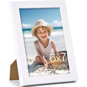 Vittanly 5x7 Picture Frame, Made of Solid Wood and Shatterproof Plexiglass, Wooden Photo Frame for Wall Mounting or Tabletop Display, Picture Frame for Home Decor with Stand, White, 1 Pack