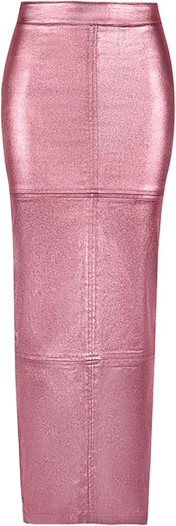 Long Skirts for Women Trendy High Waisted A Line Business Casual Leather Maxi Skirt with Slit Dressy (Pink, XXL)