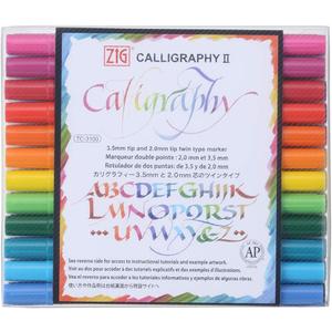 Kuretake ZIG Calligraphy Marker Pens, 24 Colors set, 2mm & 3.5mm Dual Tip Markers, for Writing & Hand Lettering, for Professional, Beginner, Water-based dye ink, Made in Japan