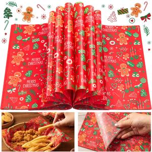 100 Pcs Christmas Wax Paper for Food, Wax Paper Sheets Deli Paper Sandwich Wrap Candy Cookies Wraps, Waterproof Oil-proof Picnic Basket Liners for Kitchen Handmade Food (Red biscuit)