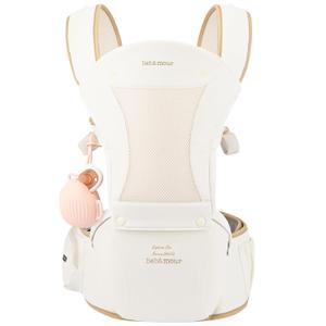 Bebamour Baby Carrier with Hip Seat, All-Position Breathable Mesh Hip Seat & Carrier 0-36Months with Head Hood, 3 PCS Teething Pads, Waist Extender, Storage Bag & Pacifier Case(Khaki)