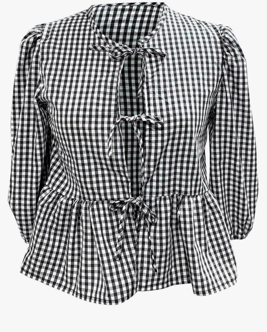 Tie Front Tops Women Summer Striped/Plaid Babydoll Top 3/4 Puffed Sleeve Cute Tops Ruffled Going Out Shirt Teen Girls Size L
