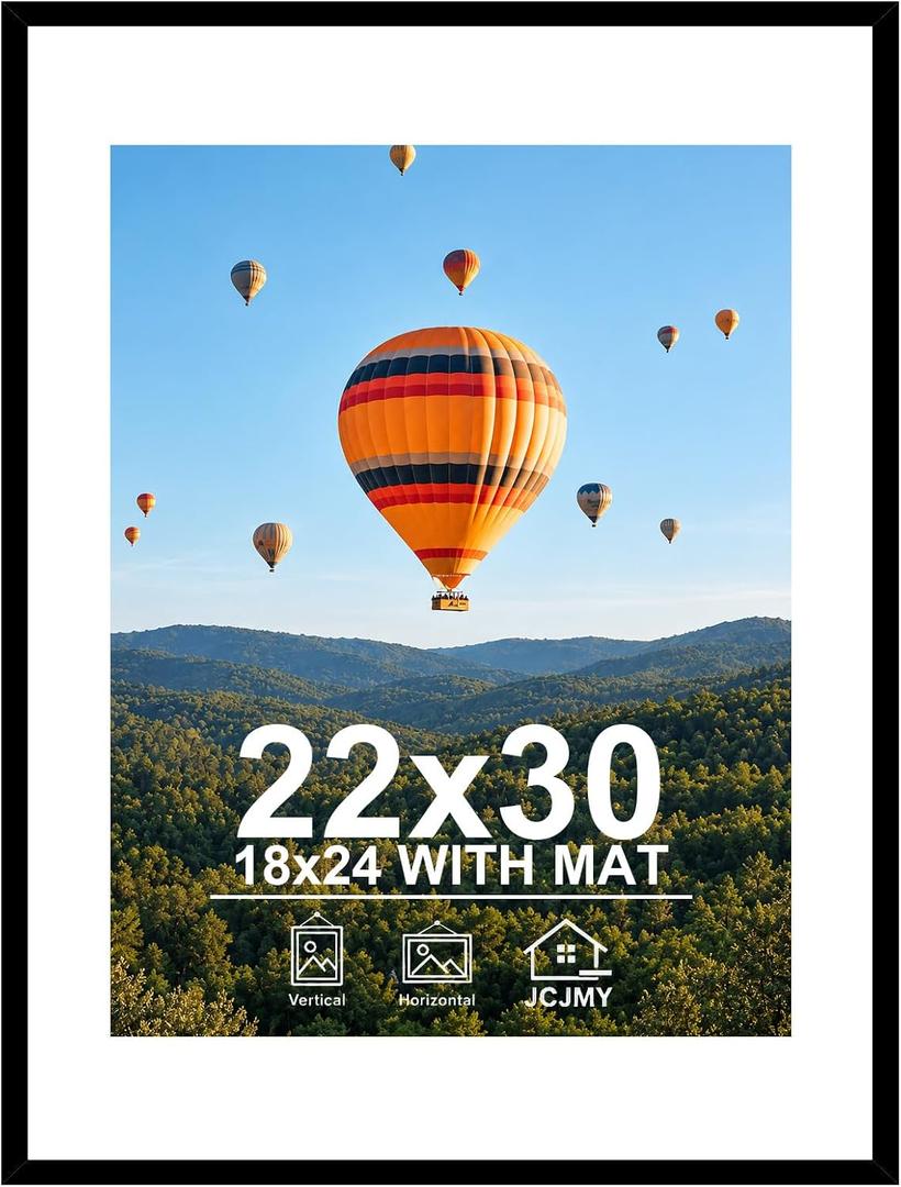 JCJMY 22x30 Picture Frame with 18x24 Mat, Display Photo 18x24 with Mat or 22 x 30 Without Mat, Wall Hanging Large 22 by 30 Poster Frame with Plexiglass, Black