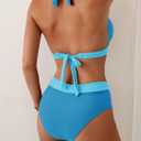 B2prity Women Halter Bikini Sets Sexy Deep V Neck Two Piece Swimsuits Color Block Bottom (Blue, L)