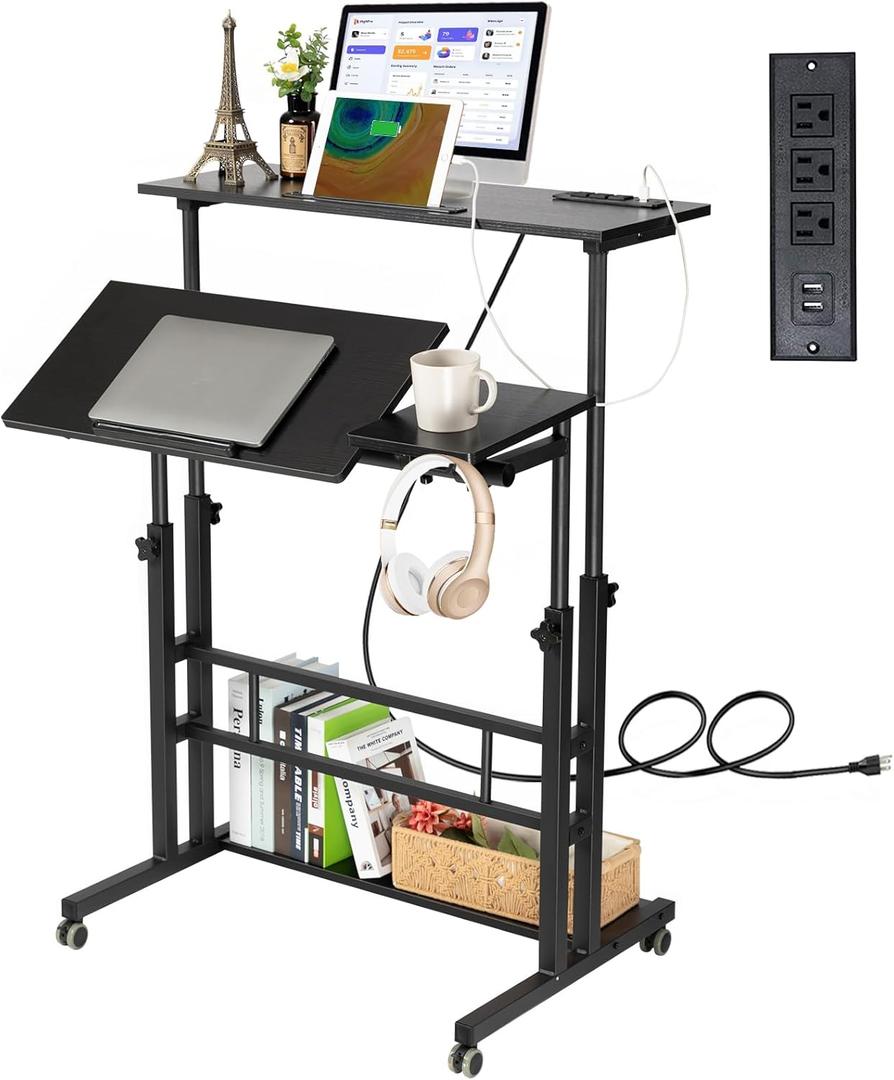 Hadulcet Stand Up Desk, Rolling Desk Adjustable Height, Mobile Standing Desk with Wheels & Charging Station, Portable Stand for Laptop, Rolling Computer Cart TV Tray, Small Standing Desk Drawing Table (Black)