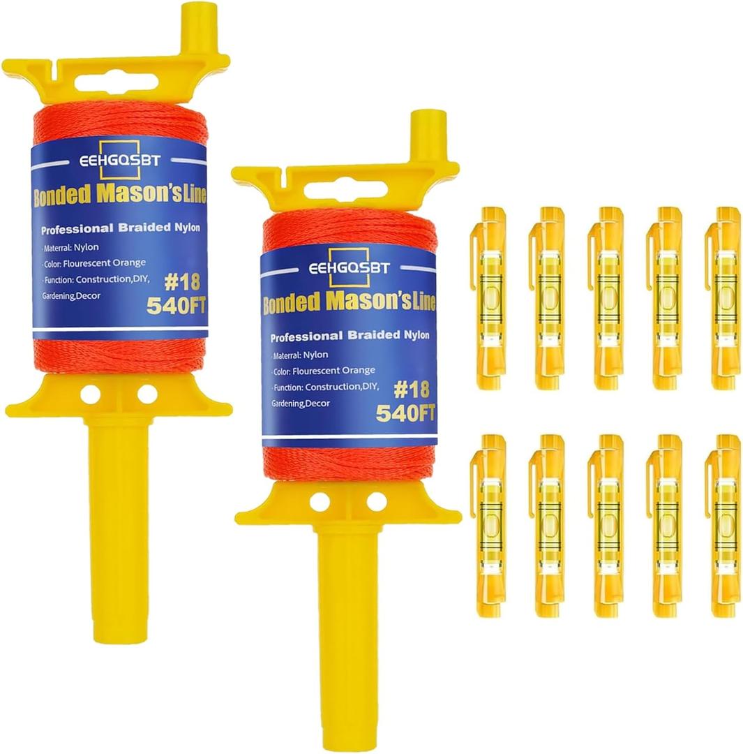 2 Pack Mason Line String with Handle, 540FT #18 Braided Nylon String with Reloadable Line Reel and 5 Built-in Levels, Heavy-Duty Construction Twine for Masonry Gardening DIY Projects.