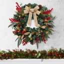 Christmas Lighted Wreath for Front Door, 28 Inches Pre-Lit 35 LED Lights, Natural Pine Cones Artificial Holiday Wreath for Indoor Outdoor Home Decorations (Farmhouse)