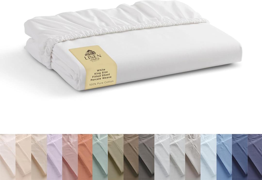 Linen Home 100% Cotton Percale Weave Fitted Sheet, King Size, White, 1 Deep Pocket Fitted Sheet, Fits Mattress Upto 16" Crisp and Cool Strong Bed Linen, 78"X80"+15"