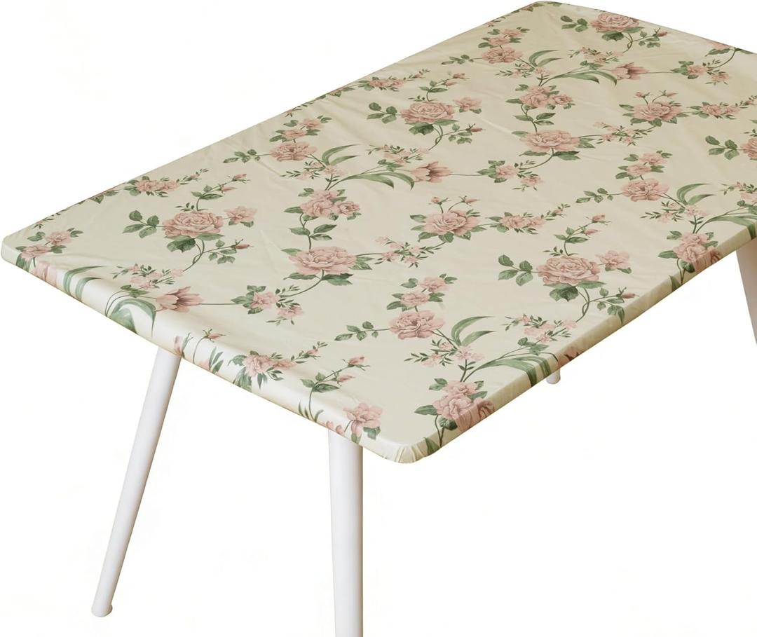 Rectangle Picnic Table Cloth, Elastic Waterproof Fitted Vinyl Tablecloths for 8 Foot Tables, Wipeable Flannel Backed Table Covers for Dining, Camping, Outdoor(Rose,36"x96")
