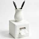 Xeano Tissue Box Cover Square, Decorative Facial Tissue Box Holder Front Open, Modern Cube Stone Look Toilet Paper Holder with Storage Jar for Bathroom Bedroom Living Room Office, Off White