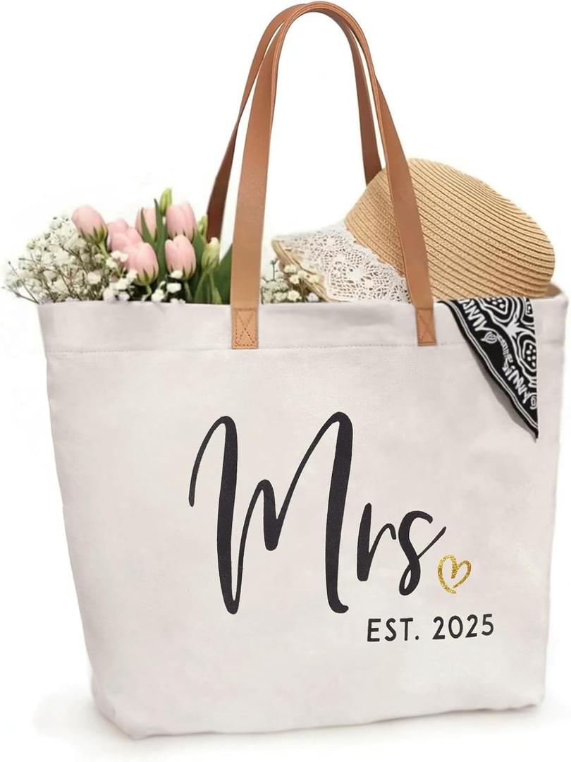 ELEGANTPARK Mrs Bag Mrs Gifts 2025 Bride Gifts Bride Tote Bag Wedding Bridal Shower Bachelorette Party Honeymoon Large Travel Canvas Totes with Zipper