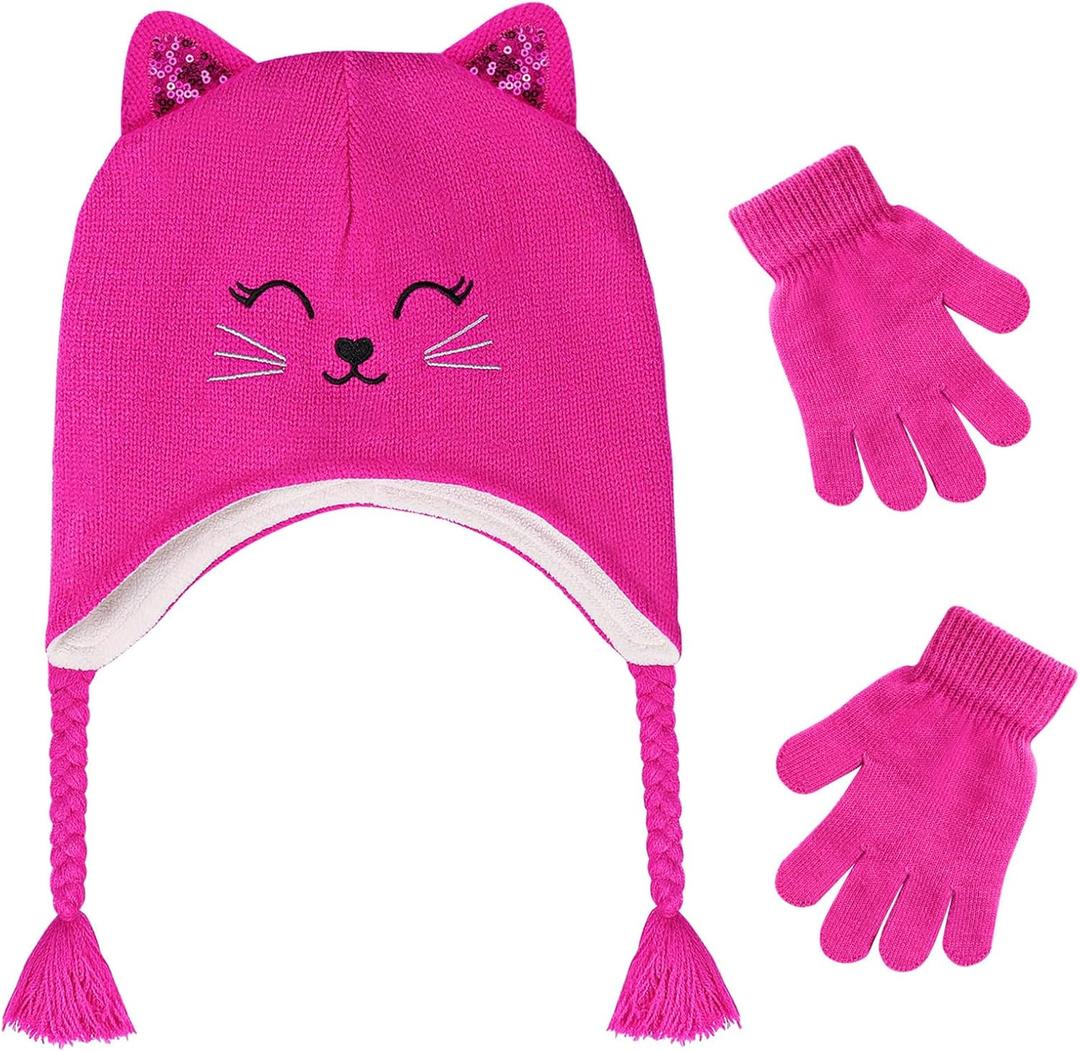 Girls Winter Cat Ear Beanie Hat and Gloves Set Kids Knitted Earflap Cap Mitten Set for Ages 3-7