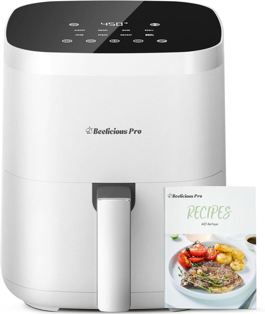 Air Fryer, Beelicious 8-in-1 Smart Compact 4QT Air Fryers,Shake Reminder,450F Digital Airfryer with Flavor-Lock Tech,Tempered Glass Display,Fit for 1-3 People, Bright White