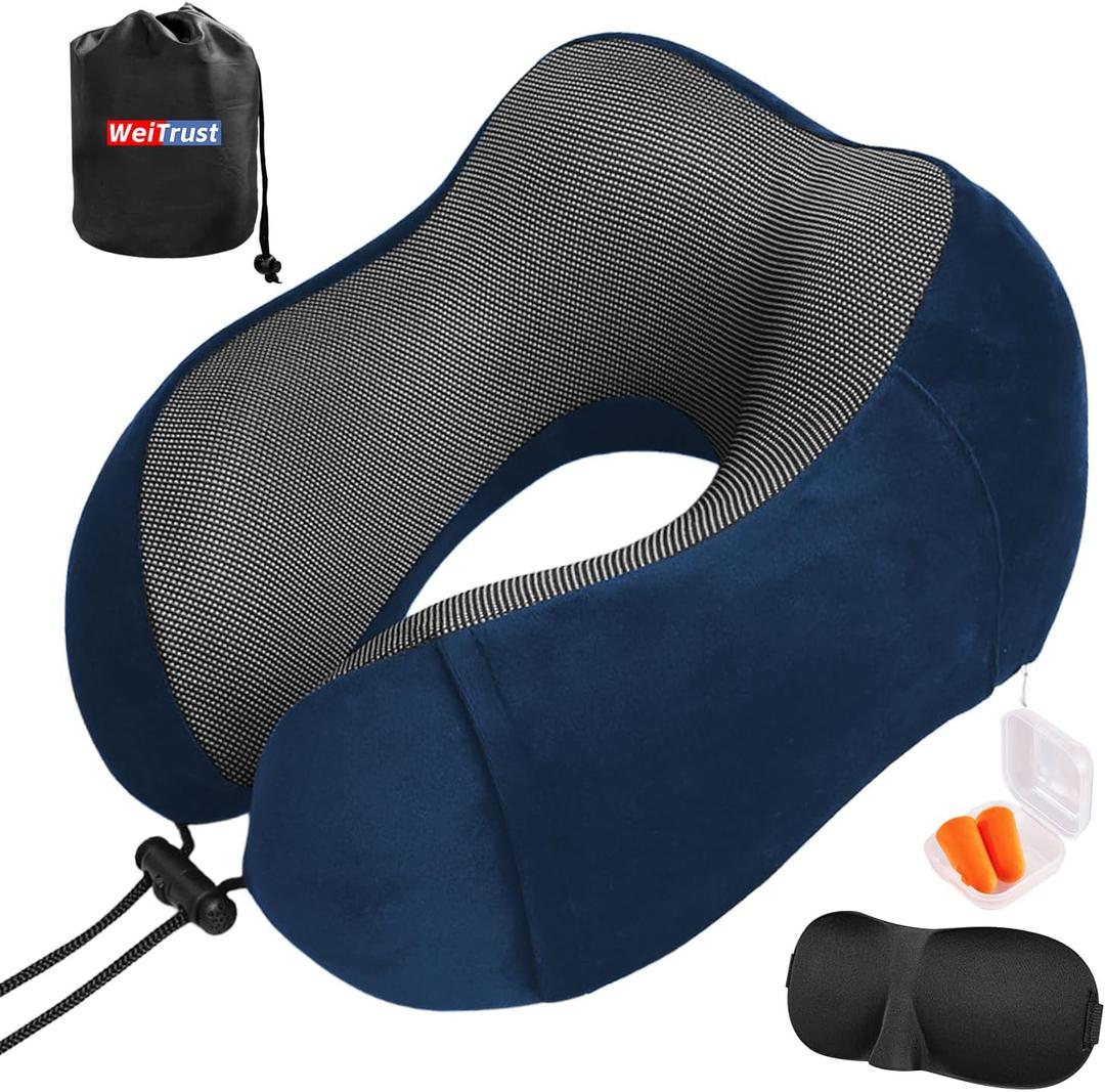 Airplane Pillow, Travel Neck Pillow with Memory Foam - Adjustable Buckle & Machine Washable Cover for Neck Support, Includes Eye Mask & Ear Plugs(Blue)