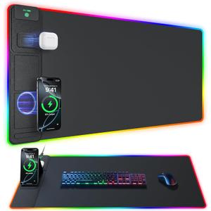 4-in-1 RGB Gaming Mouse Pad with Wireless Charging & Phone Stand, 31.5"x15.8" Large, 24 Light Effects, Non-Slip Base, Waterproof Ultra-Smooth Surface, with Adatper