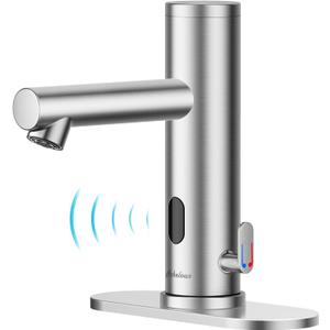 Achelous Stainless Steel Automatic Touchless Bathroom Sink Faucet, Hands Free Infrared Sensor Basin Faucet with Temperature Control, Battery Powered Sensor Bathroom Tap Brushed Nickel