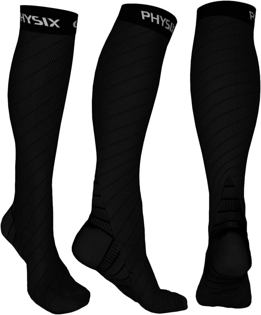 Physix Gear Compression Socks 20-30 mmHg - Men & Women - Running, Nurses, Shin Splints, Flight, Travel (Black) L/XL