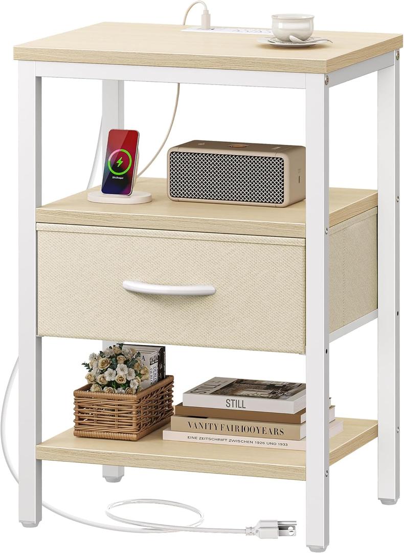 SUPERJARE Nightstand with Charging Station, Bed Side Table with Adjustable Fabric Drawer, Night Stand for Bedroom, 3-Tier Storage End Table, for Living Room, White Maple (M (11.8"D x 15.7"W x 23.4"H))
