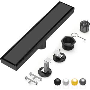 DLONE Linear Shower Drain | 18" AISI 304 Stainless Steel Shower Drain, Matte Black Linear Drain with Tile Insert Panel & Adjustable Feet, Long Rectangle Shower Floor Drain in Bathroom, Balcony etc