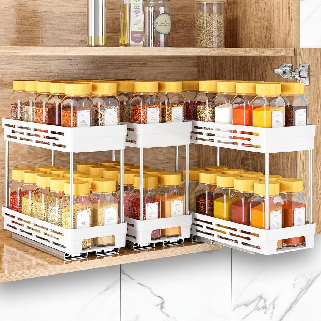 Pull Out Spice Rack Organizer for Cabinet, 3 Packs Slide Out Spice Racks Organizer, Spice Cabinet Organizers, Cabinet Size Need:12'' Highx11'' Deepx5'' Wide,Each Tier Hold 10 Spice Jar - 2 Tier, White