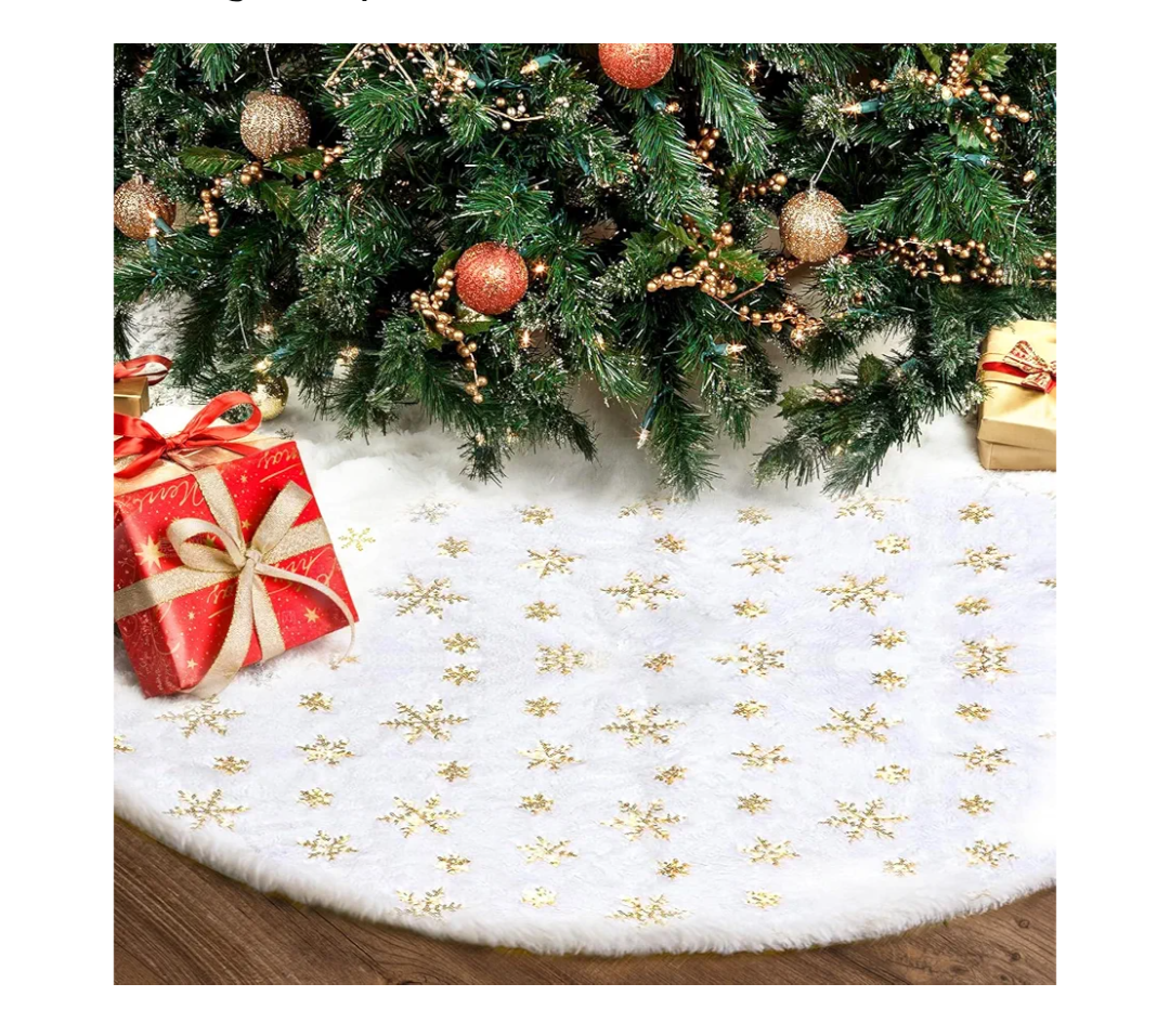 Christmas Tree Skirt 36 Inch, Holiday Part Decorations for Christmas Tree, Whit Plush Gold Sequin Snowflake Tree Shirt for Xmas