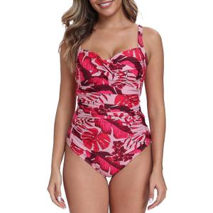 Itzel Women's Twist Front One Piece Swimsuit Ruched Tummy Control (Pink)