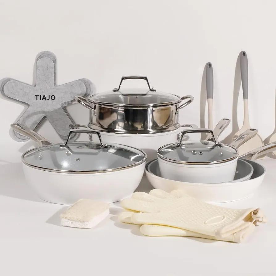 17 Pcs Pots and Pans Set Nonstick, Ceramic Cookware Set with Utensils and Pot Protectors, PFAS & PTFE & PFOA Free, Induction Compatible, Dishwasher Safe, Oven Safe, White & Gray…