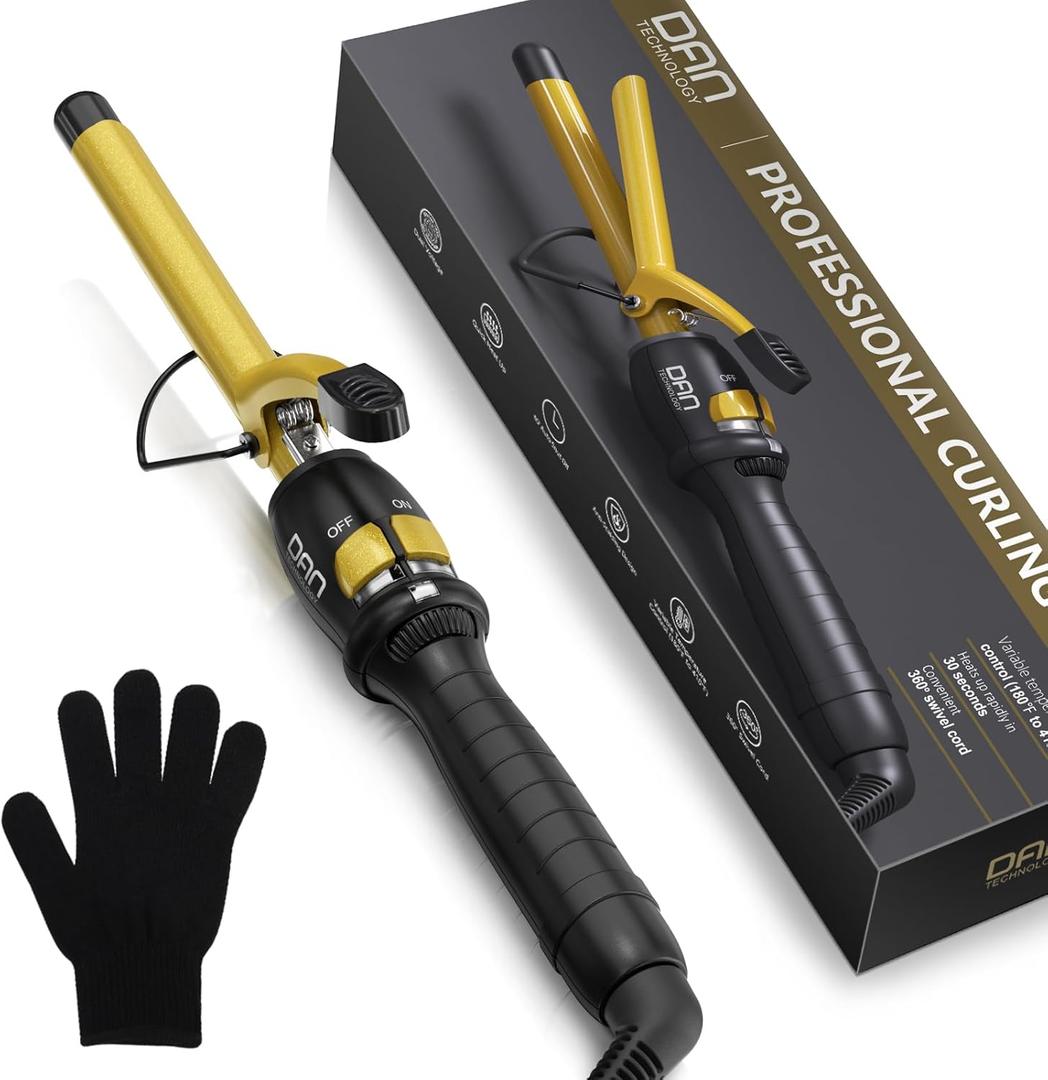DAN Technology 5/8 Inch Curling Iron Wand for Defined Medium Curls, Tourmaline Ceramic Hair Curler with 180F430F Adjustable Temperature, Fast Heating, Dual Voltage, Auto Shut-Off, Black & Gold