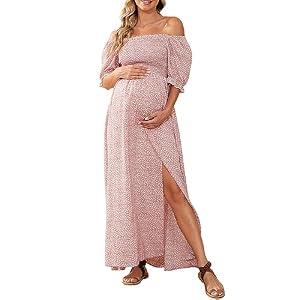 Floral Maternity Dress for Photoshoot Baby Shower, Square Neck Puff Sleeve Maternity Boho Smocked Pregnancy Dresses Pink, 2XL