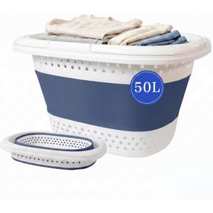 50L Blue Pop Up Storage Laundry Basket Hamper with Handle Collapsible Plastic Foldable Laundry Basket Container Organizer for Washing Storage