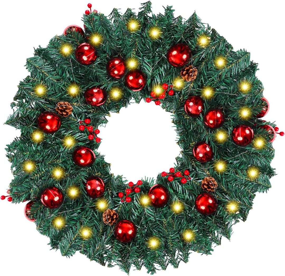 6 FT Christmas Green Garland with Lights Artificial Christmas Garland Wreath Decorated with Pine Cones Red Ball Ornaments for Xmas Holiday Mantle Fireplace Wall Table Indoor Outdoor Decoraiton (Style 2)