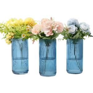 Blue Glass Vases, Flower Vases Set of 3, Ribbed Glass Vase for Tulips, Tall Cylinder Glass Vases for Living Room, Bedroom, Dining Table, Office, Wedding, Bookshelf Decoration, 8 Inches