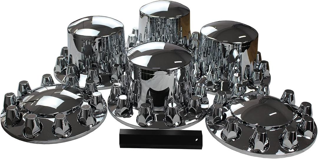 ABS Chrome Plastic Complete Axle Cover Kits with 33mm Thread-on Nut Covers for Semi Trucks in Sets (Standard), 33 Millimeters