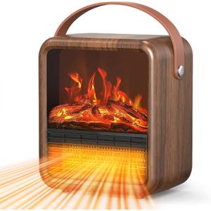 Riseon Small Portable Space Heater for Indoor use with Realistic 3D Flame, Mini Electric Fireplace Heater with Thermostat, 1500W/750W PTC Ceramic Heating, Tip-Over Safety Switch, Walnut