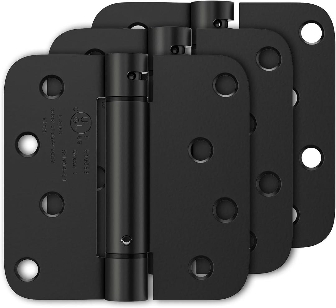 3 Pack Self Closing Door Hinges 4 Inch, Matte Black Spring Loaded Hinges with 5/8'' Radius Corners, Adjustable Tension for Garage, Front Door, for Left and Right Hand Door, UL Listed
