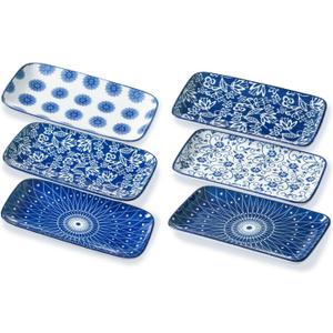 Rectangle Serving Plates Set - 8.3 Inch Rectangular Ceramic Dinner Dishes- Oven Microwave Dishwasher Safe - Porcelain Platter for Salad Appetizer Sushi Dessert - Set of 6 - Vintage Blue