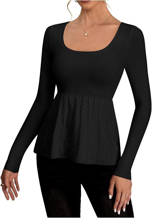 Women's Scoop Neck Peplum Sweater Long Sleeve Cable Knit Dressy Casual Pullover Tops, Size M